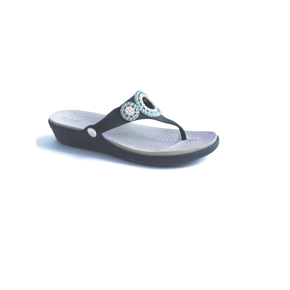 Crocs Women's Sanrah Diamante Navy Wedge Flip Sandals Studded Accent Size 11